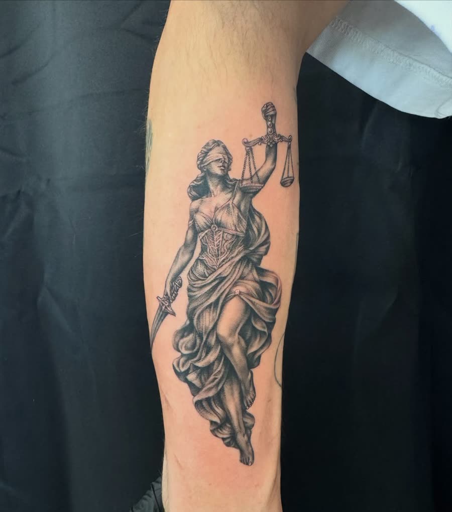 Black and grey figure of Lady Justice with scales, tattooed down a forearm.